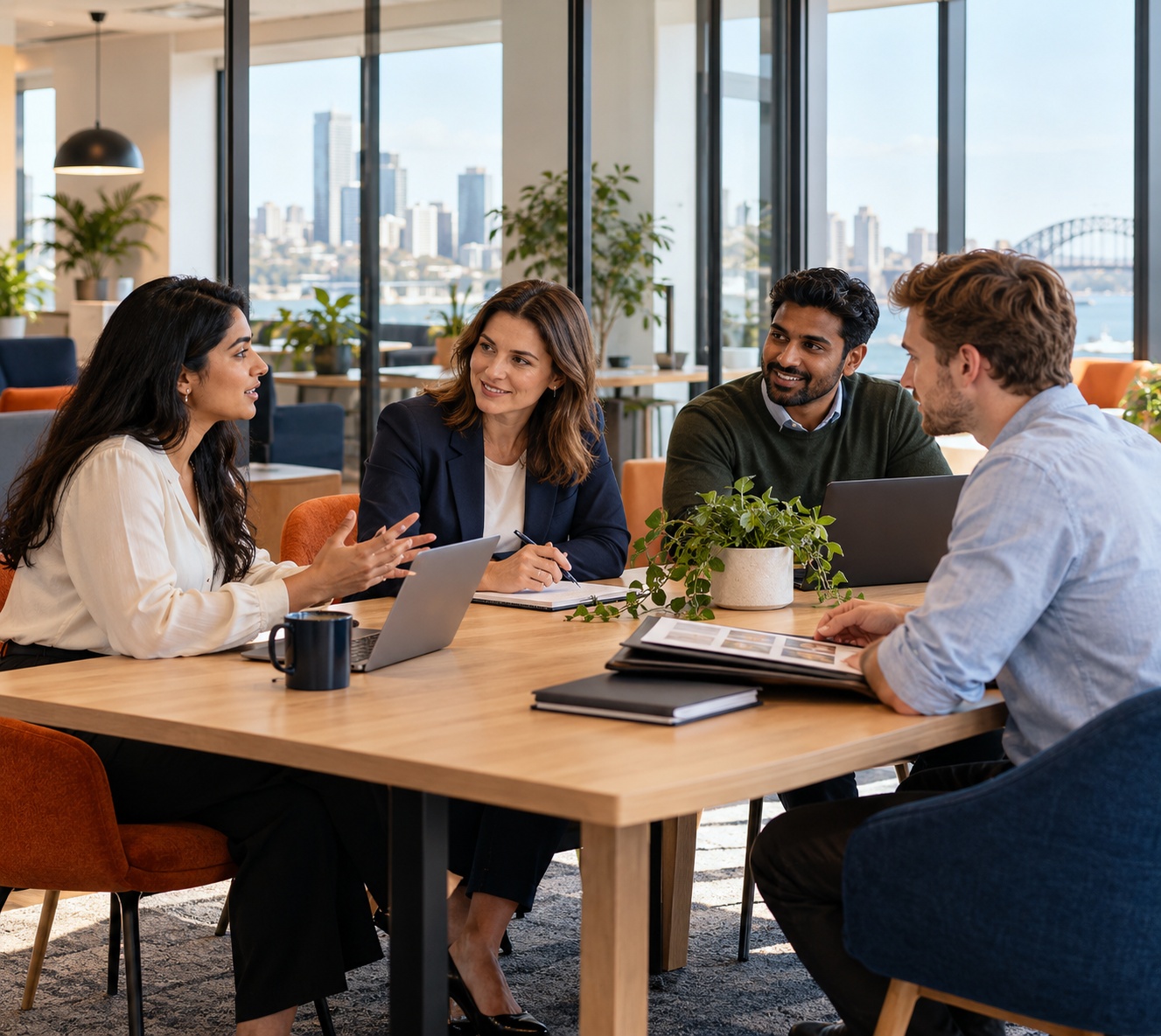 Professionals having a thoughtful conversation in a bright workplace