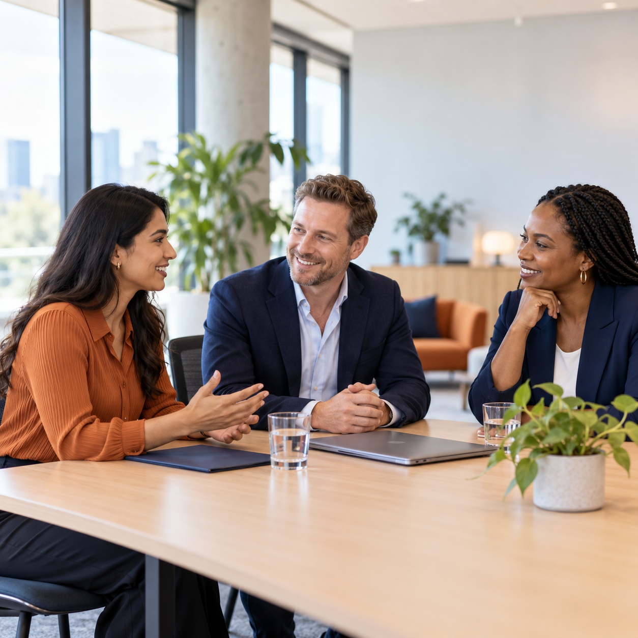 A job candidate and HR professionals discussing a career opportunity